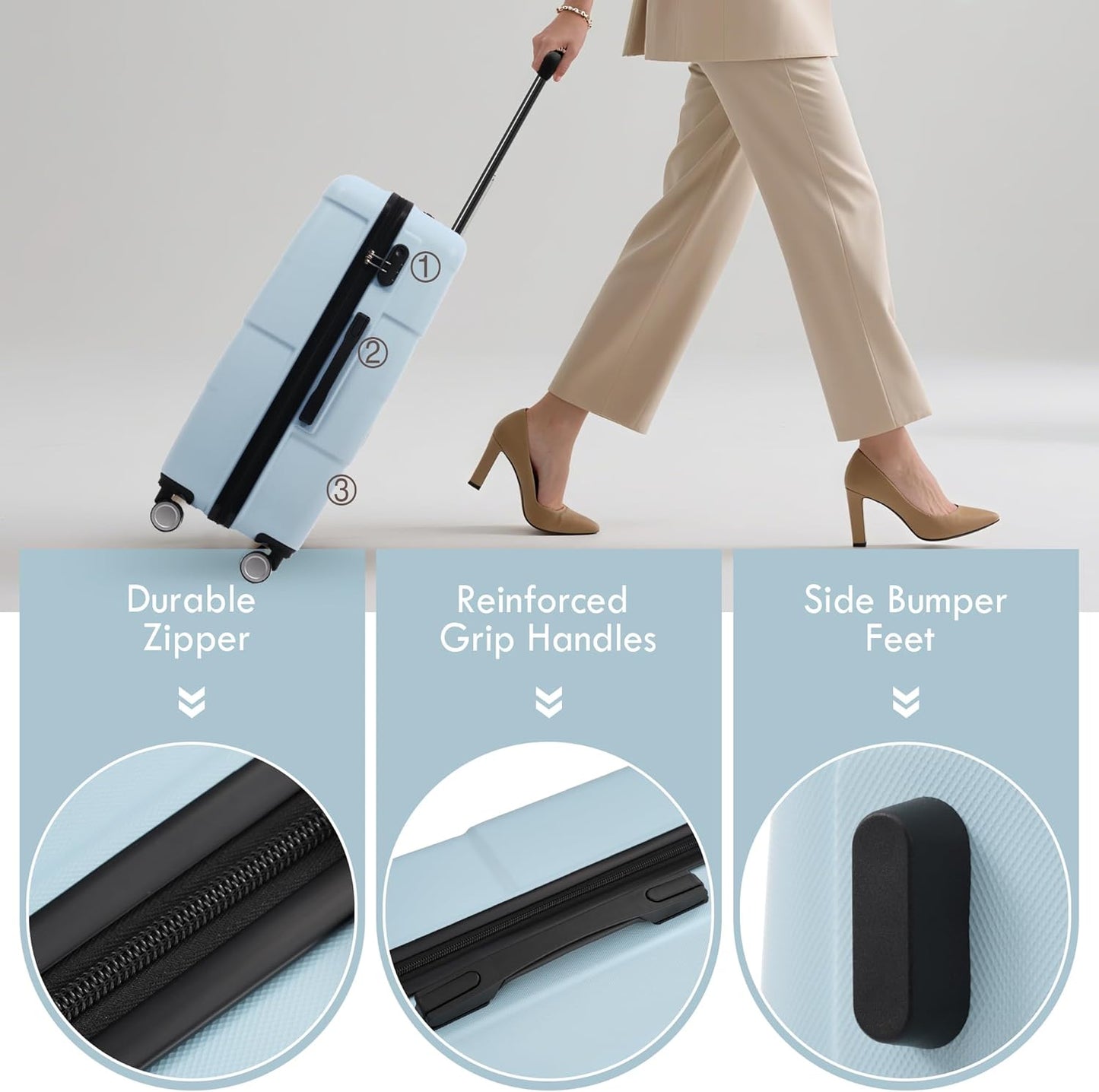 Merax Luggage Sets of 3 Piece Carry on Suitcase Airline Approved,Hardcase Suitcase Set with Double Spinner Wheels,Light Blue