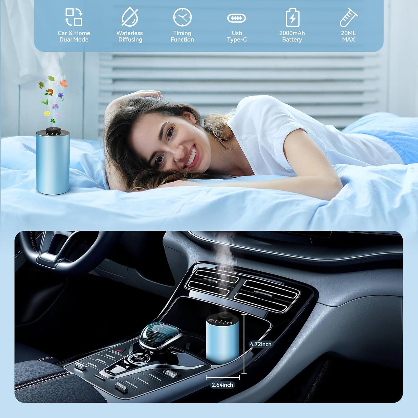 Waterless Essential Oil Diffuser Battery Operated Cordless Aromatherapy Diffuser with Timing & 3 Mist Levels car Diffuser， Aluminum Alloy