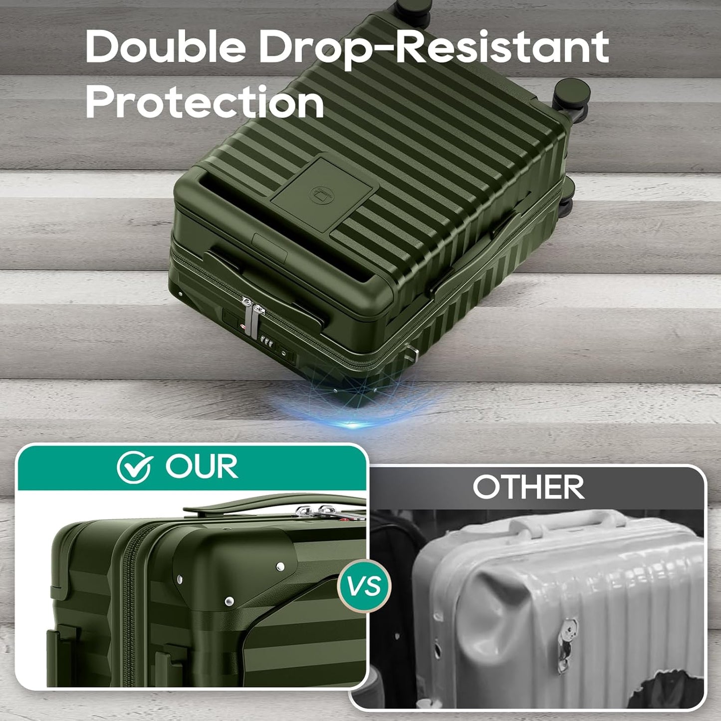 Joyway 20 Inch Carry on Luggage with Front Pocket, PC Hardshell Carry-on Suitcase with USB Port and Cup Holder, 21.5x14.2x9 Airline Approved, Luggage with Spinner Wheels and TSA Lock(Dark Green)