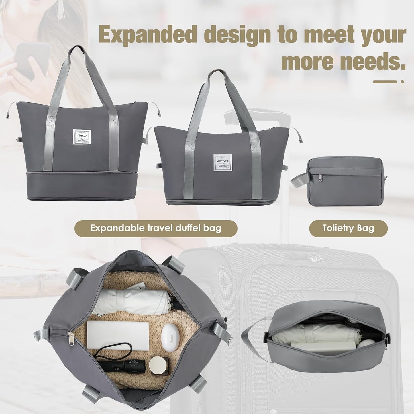 Merax Softside Luggage Set Softshell Lightweight 3 Piece Spinner Suitcase with Duffel Bag Expandable Upright Travel Luggage 22" 26" 30",Grey