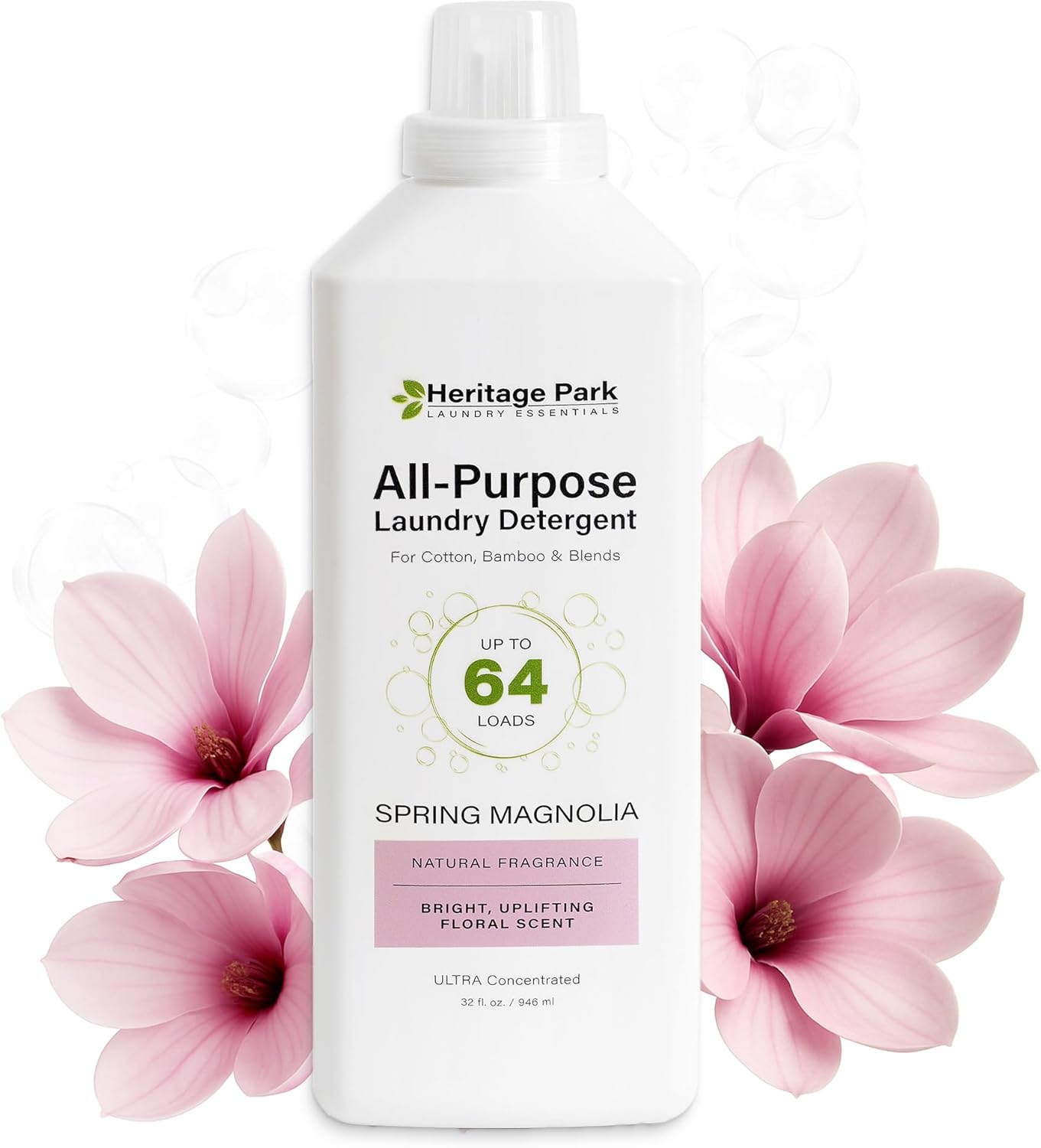Heritage Park Luxury Laundry Detergent | Dermatologist Tested Plant based Natural & Enzyme Laundry Detergent | Sensitive Skin Friendly - Spring Magnolia (32 fl oz)