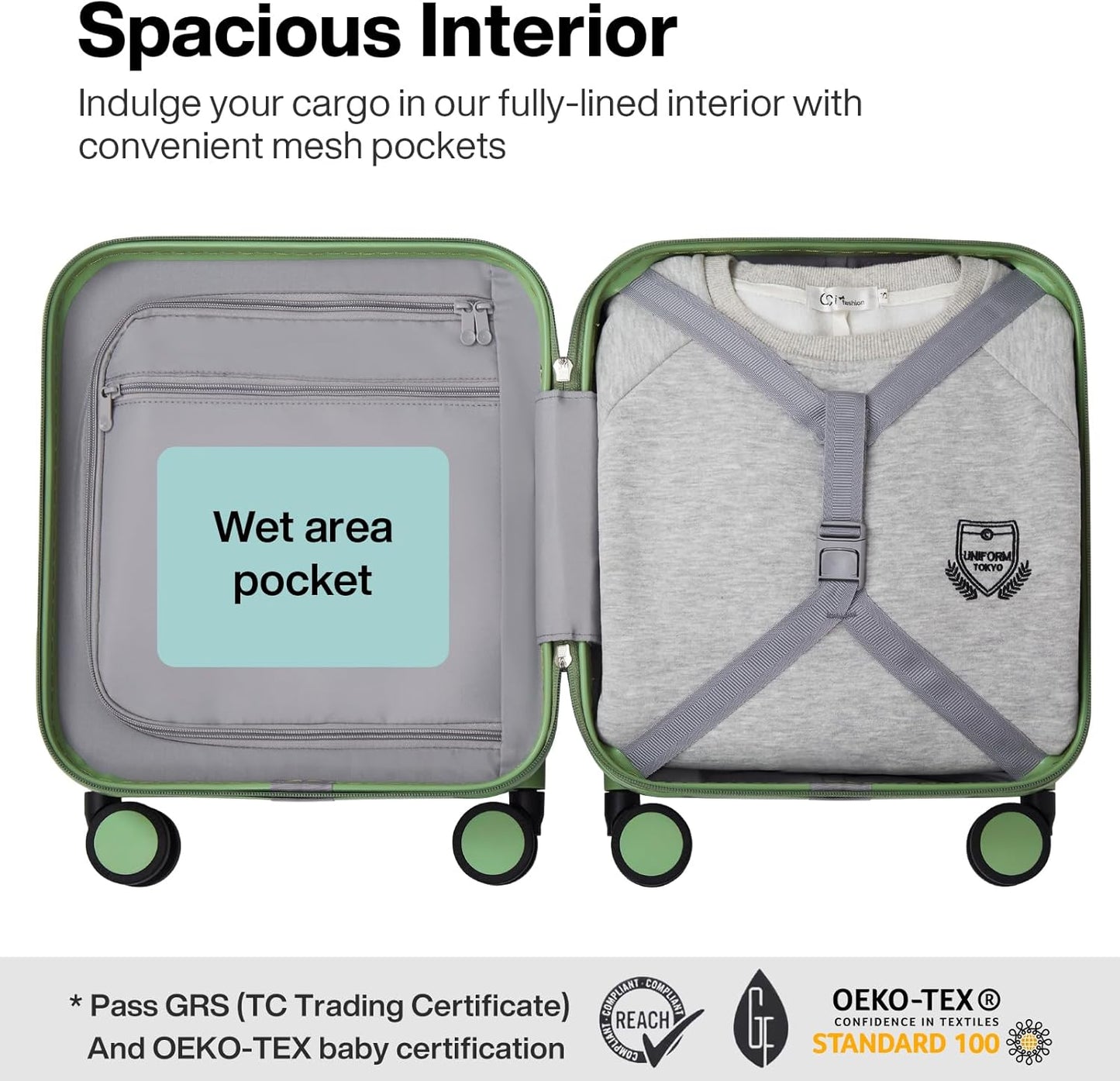 mixi Upgrade Carry on Luggage 14 Inch Underseat Personal Item Suitcases with Spinner Wheels, Hardside Rolling Suitcase PC with TSA Lock Lightweight Travel Case, Fine Grid Avocado Green