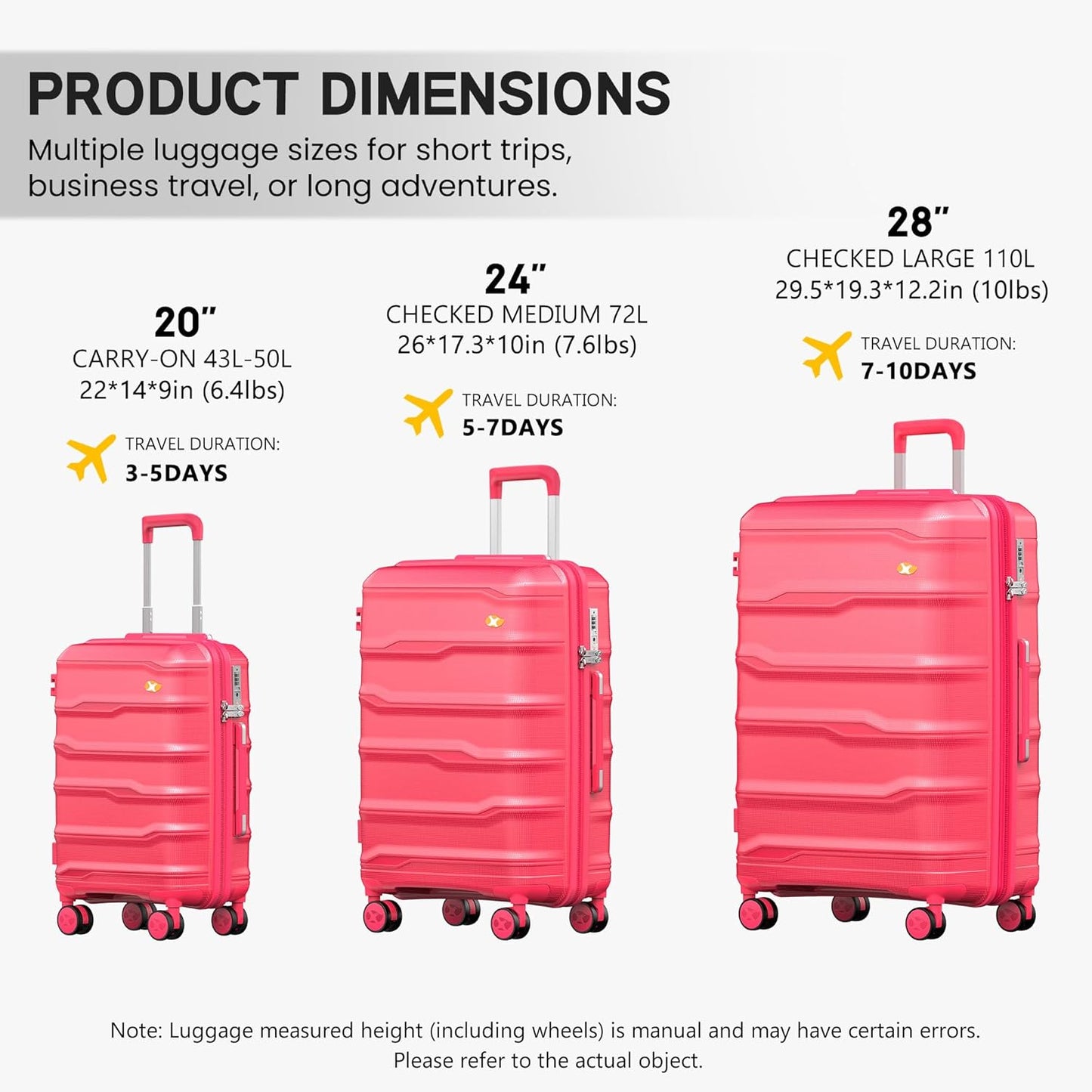 MGB Medium Luggage with Spinner Wheels Lightweight PP Hybrid Shell Suitcase With TSA Lock, Checked-Medium Luggage for Travel, Amaranth Red
