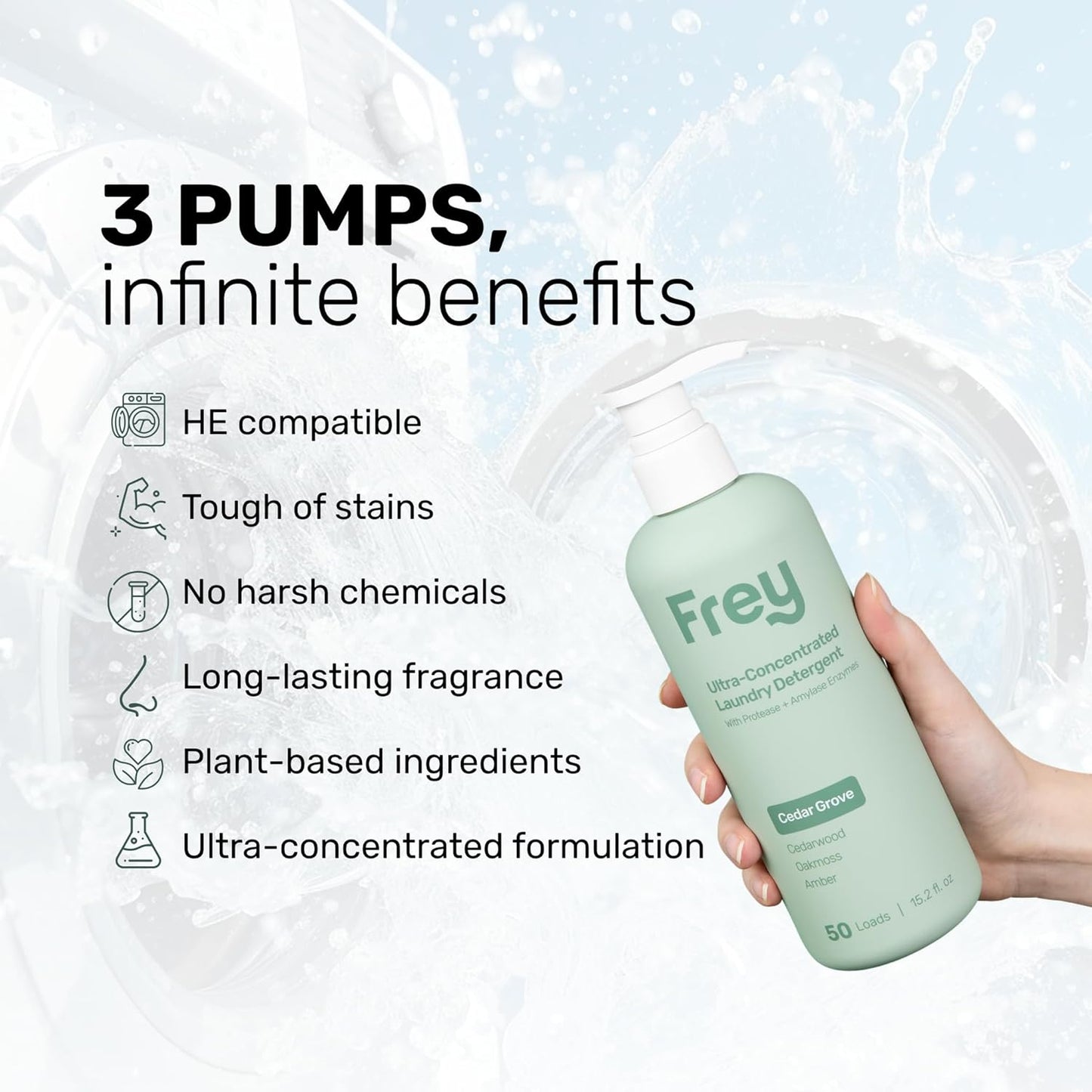 FREY Concentrated Liquid Laundry Detergent | Formulated for Sensitive Skin & HE Washers | Removes Stains Effectively | 50 Loads per Bottle (Cedar Grove & Bergamot Beach)
