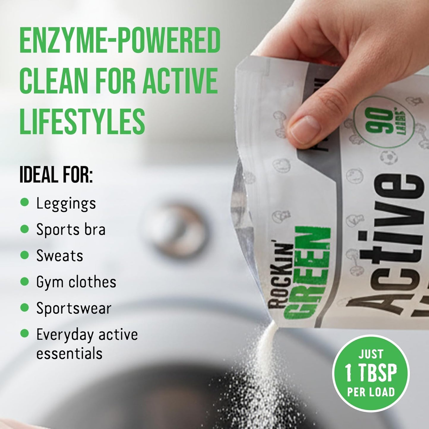 Rockin’ Green Active Wear Laundry Detergent - Unscented Laundry Detergent Powder & Odor Eliminator - Workout Clothes & Sportswear - Safe for Sensitive Skin - 90 Loads