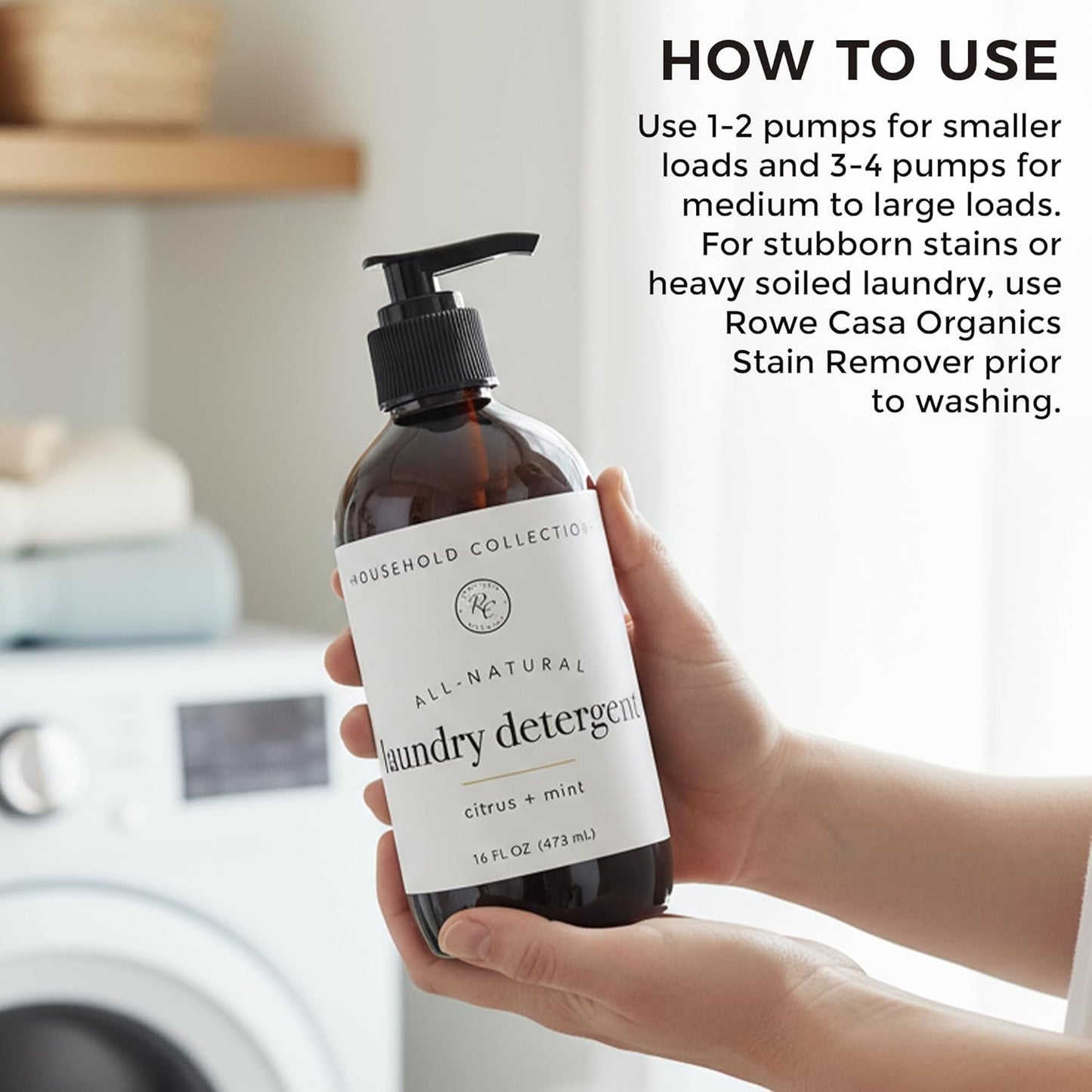 Rowe Casa Organics Citrus and Mint Laundry Detergent Liquid – Natural Liquid Washing Detergent with Refreshing, Crisp, and Bright Scent – 16 Oz Pump Bottle