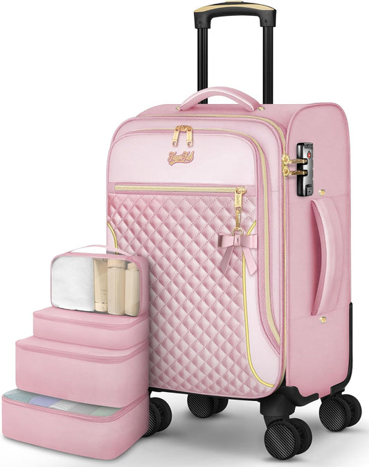 Carry On Luggage 22x14x9 Airline Approved, 20 Inch Softside Suitcase with 4 Pcs, Lightweight Luggage for Women with TSA Lock and 4 Spinner Wheels, Soft Side Carry-on Suitcases for Travel, Pink
