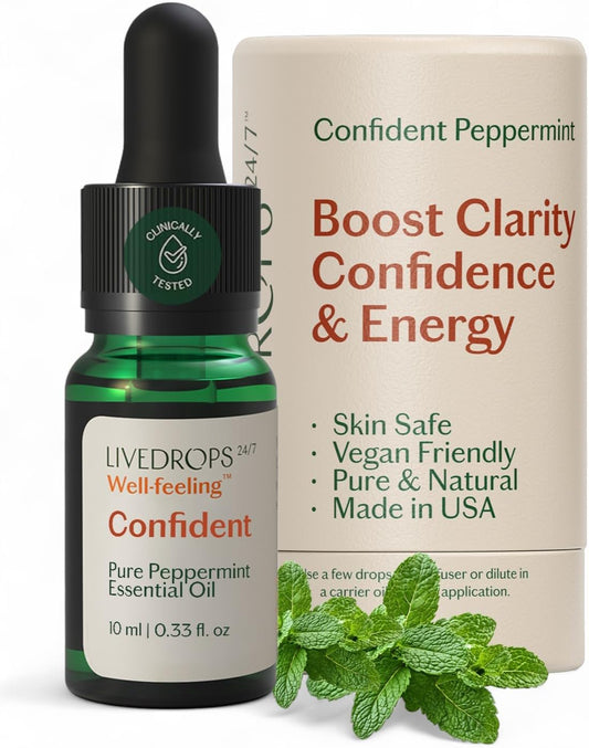 LIVEDROPS 24/7 Confident Peppermint Essential Oil, Natural Vegan Aromatherapy for Diffuser or Diluted Skin Use, Cooling Mint Scent, Steam Distilled Made in USA, Clinically Tested, 10ml
