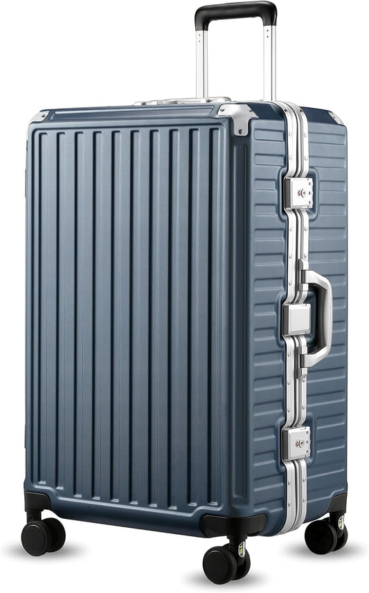 LUGGEX Checked Suitcase with Spinner Wheels, 8010S Aluminum Frame Zipperless Polycarbonate Hard Shell Suitcase (ZX-Core, Blue, 28 Inch)