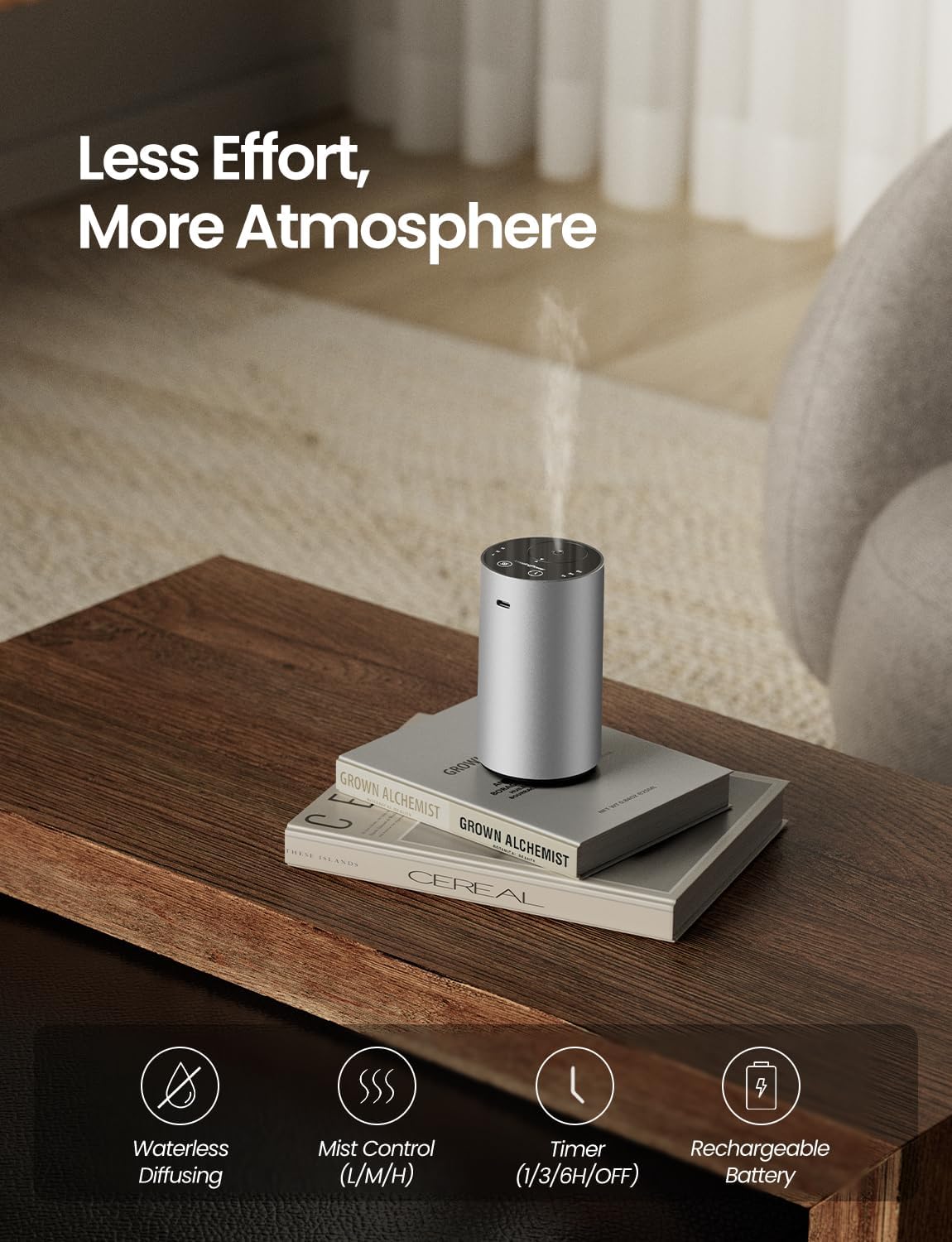 Waterless Essential Oil Diffuser, Rechargeable Scent Diffusers with 3 Mist Levels & Timers, Portable Aromatherapy Diffuser for Home Car Room Studio Office, Silver Metal