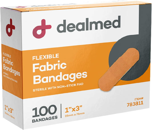Dealmed Sterile Flexible Fabric Adhesive Bandages – 1x3 Inch – 100/Box - Breathable First Aid Strip Pack - Soft Stretch Wound Patch for Medical, Emergency Kits & Clinic