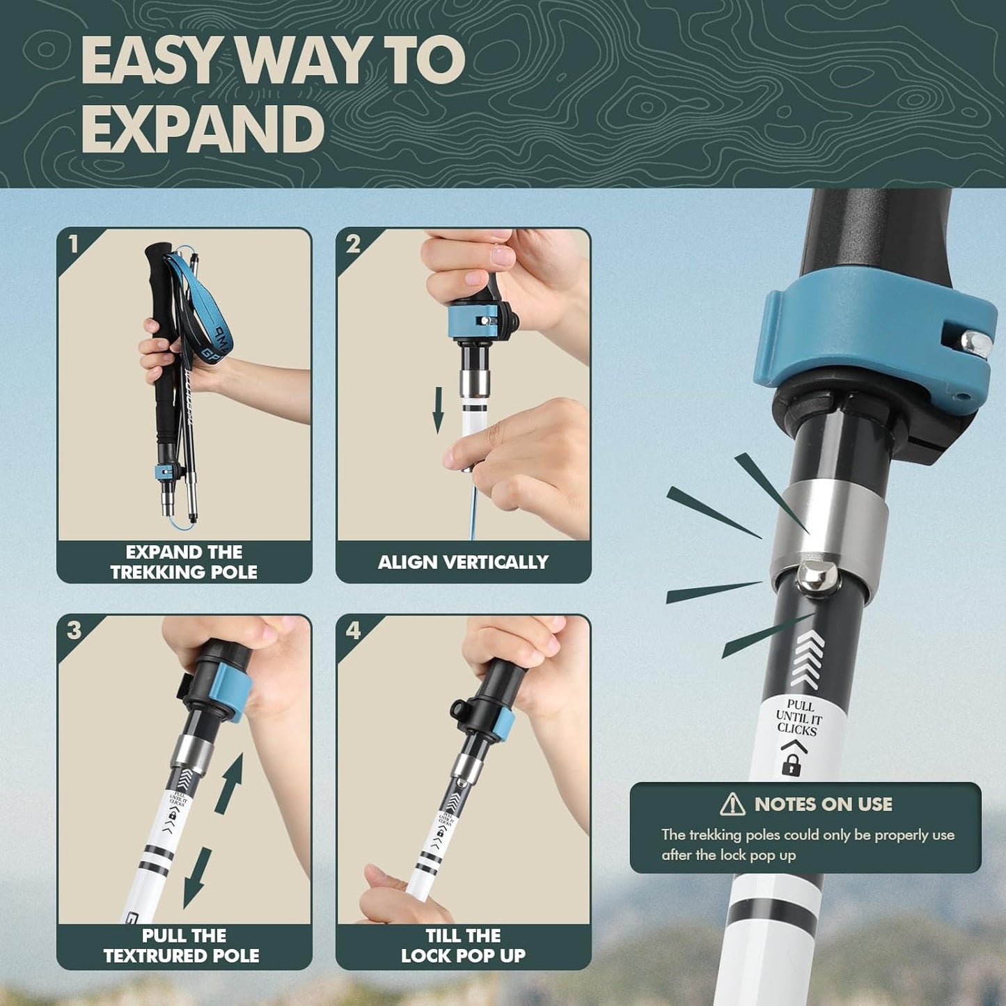 GPTCAMP Walking Sticks Collapsible Hiking Poles,Lightweight Trekking Poles Made of Carbon -Aluminum,2pc Folding Halking Stick for Men & Women,with Extra-Long Foam Handle and Flip Lock,Blue