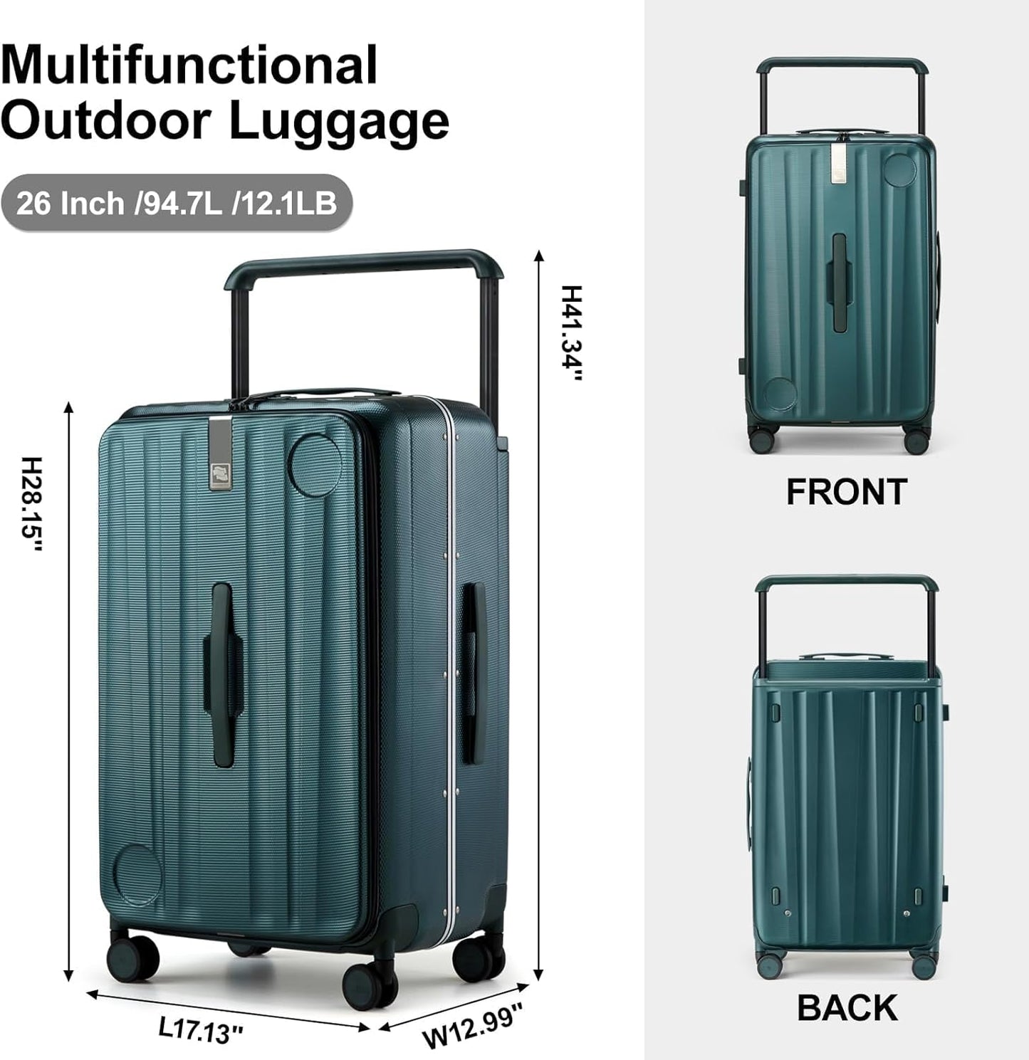 Hanke Multifunctional 26 Inch Hard Shell Suitcases with Wheels Travel Approved Luggage Large Rolling Suitcase Checked Luggage for Women Men(Blackish Green)