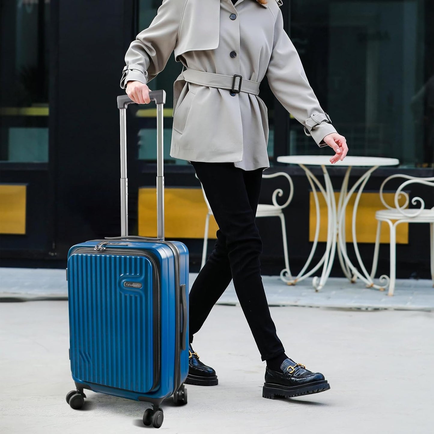 19-Inch Hardshell Carry-On Luggage with Front Compartment, 360° Spinner Wheels, TSA Lock, Cup Holder & Bag Hook - Airline Approved Business Travel Suitcase (Blue)