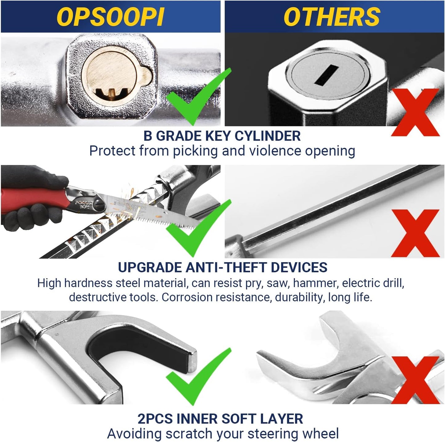 Car Steering Wheel Lock, Anti Theft Car Device for Car Steering Wheel, Car Security Car Theft Prevention with 3 Keys & Safety Hammer Fit for All Cars (Black)