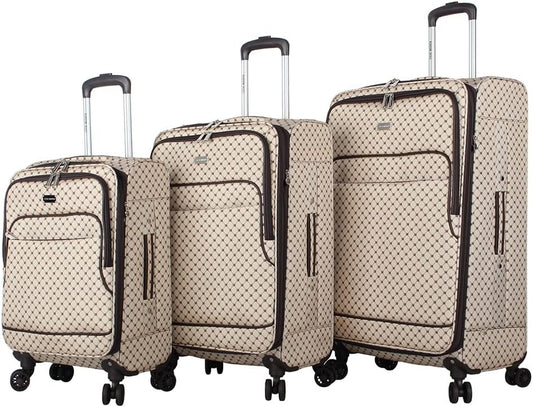 Steve Madden Designer Luggage Collection - 3 Piece Softside Expandable Lightweight Spinner Suitcase Set - Travel Set includes 20 Inch Carry on, 24 Inch & 28-Inch Checked Suitcases (Noble Brown/Tan)