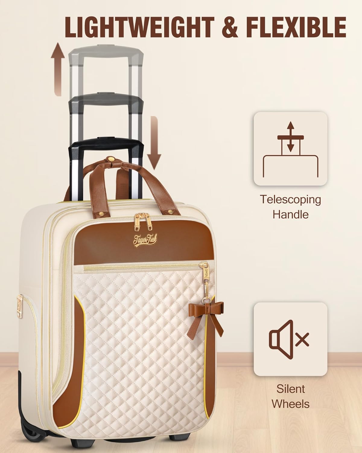 Underseat Carry On Luggage with Wheels, Airline Approved Personal Item Suitcase with Multiple Compartments, Lightweight Softside Under Seat Carry-on Suitcases for Women Travel Business, Beige