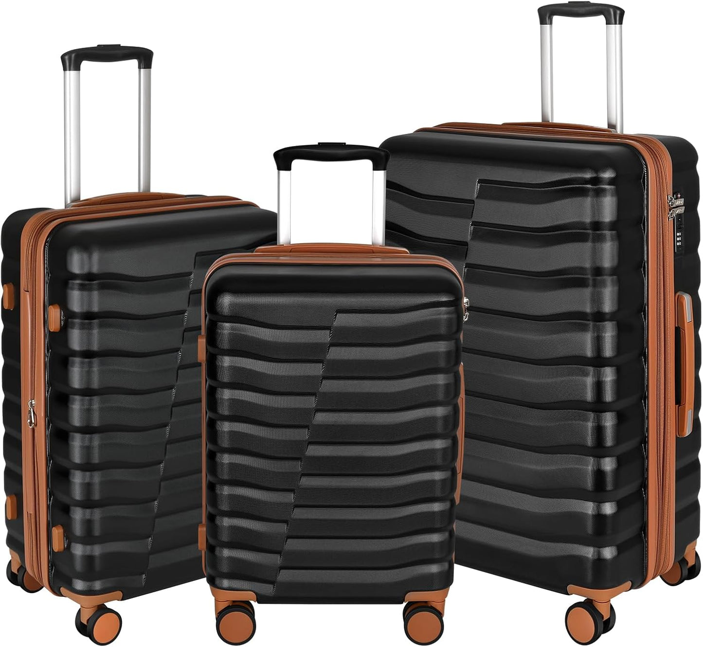 Lightweight Luggage with Spinner Wheels & YKK Zipper, 3-Piece Suitcase ABS+PC Hardside Hard Shell Luggage Set with TSA Lock, Black & Brown (20+24+28 inch)