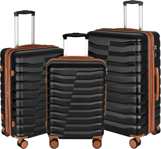 Lightweight Luggage with Spinner Wheels & YKK Zipper, 3-Piece Suitcase ABS+PC Hardside Hard Shell Luggage Set with TSA Lock, Black & Brown (20+24+28 inch)