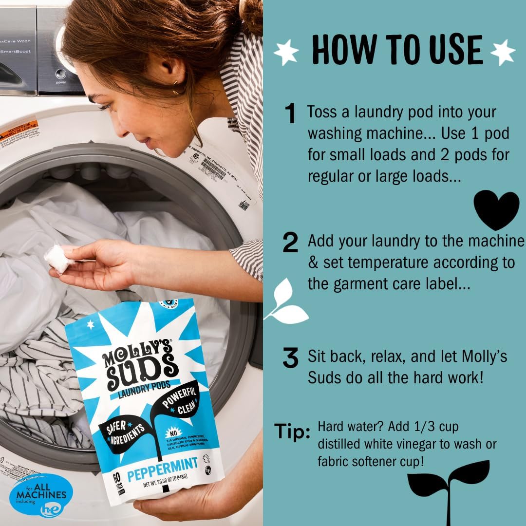 Molly's Suds Laundry Detergent Pods | Clean Detergent for Sensitive Skin | Ultra Concentrated and Stain Fighting | Unscented - 60 Count
