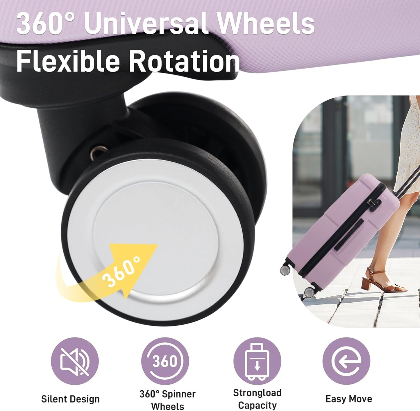 Merax Luggage Sets 3 Piece, Suitcases with Spinner Wheels, Lightweight Travel Luggage with Lock, ABS Hardshell Suitcase Set 20/24/28 IN,Pink Purple