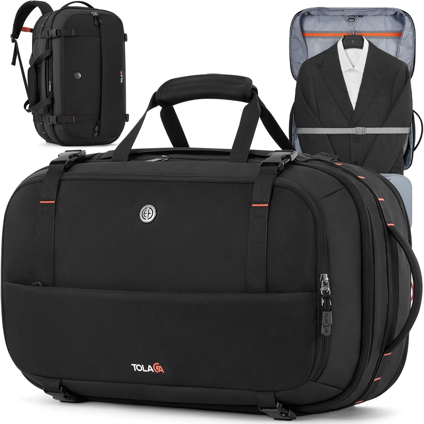 Tolaccea Large Convertible Garment Duffel Bag, Suit Carry On Backpack, TSA Flight Approved for Wrinkle-Free Travel with Dual Laptop Storage for 17.3" and 12.9" & Extra Toiletry Bag, 45-55L Expandable