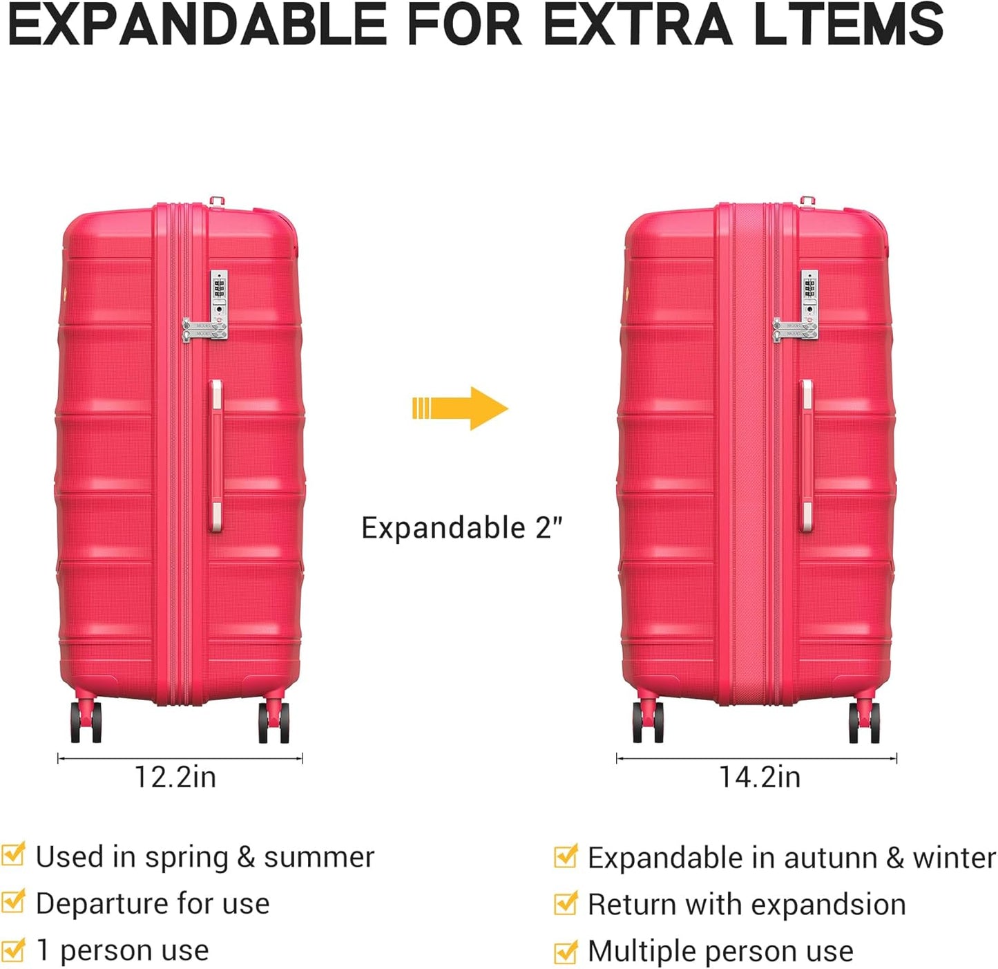 MGB 28 Inch Large Checked Luggage: PP Lightweight Trolley Travel Case - Check In Luggage with TSA Lock, Amaranth Red