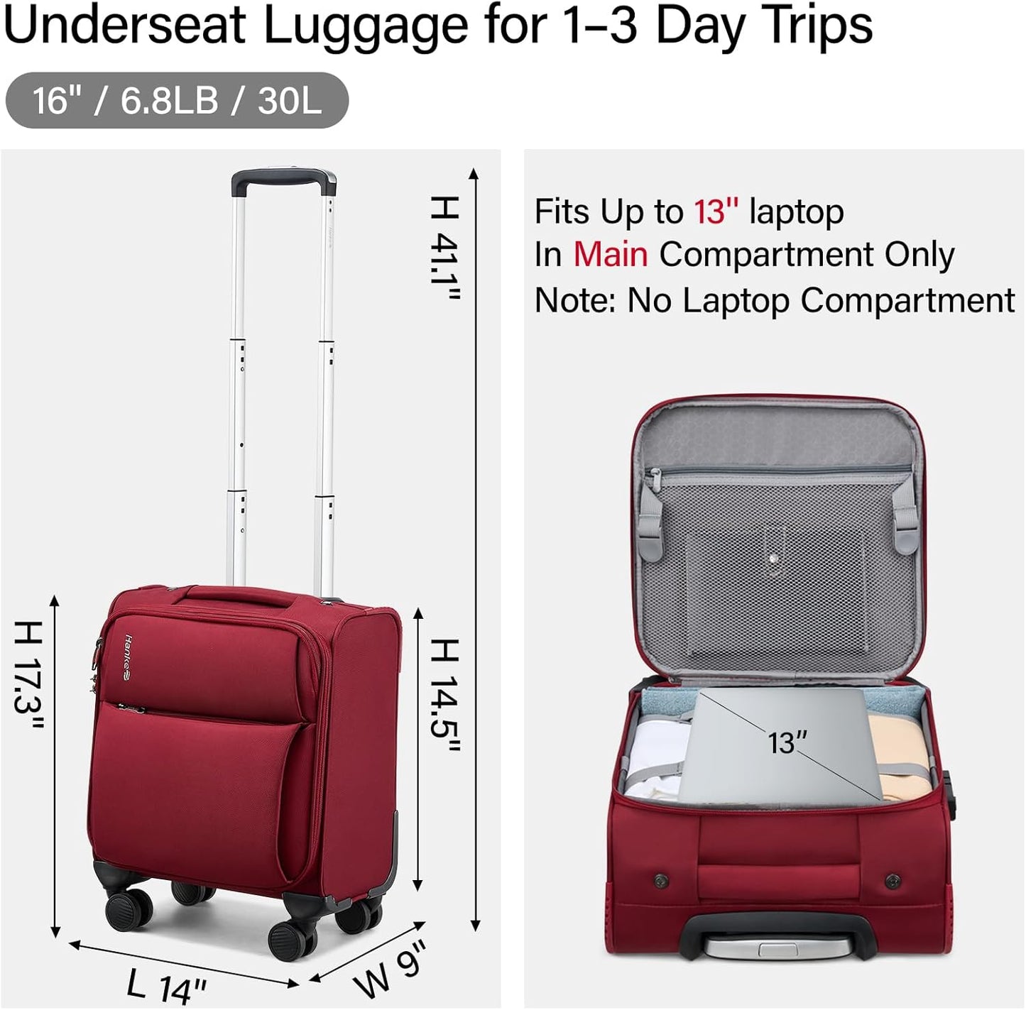 Hanke 16 Inch Underseat Carry On Luggage with Spinner Wheels Airline Approved, Small Rolling Suitcase Softside Underseater Lightweight TSA Travel Roller Suitcase Carry-On Bag(Burgundy)