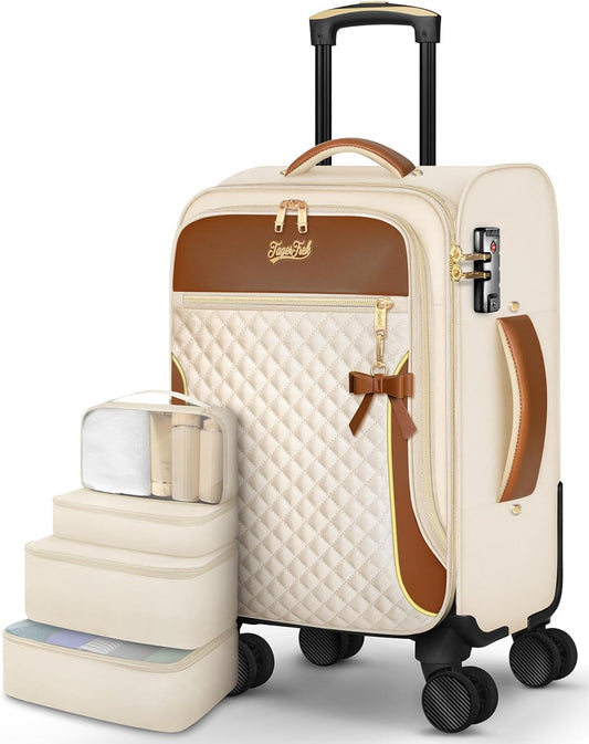 Carry On Luggage 22x14x9 Airline Approved, 20 Inch Softside Suitcase with 4 Pcs, Lightweight Luggage for Women with TSA Lock and 4 Spinner Wheels, Soft Side Carry-on Suitcases for Travel, Beige
