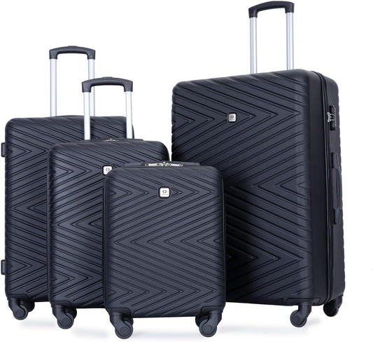 4-Piece Hardside Luggage Set with TSA Lock, Lightweight ABS Suitcases With Spinner Wheel, 16/20/24/28 inch, Black