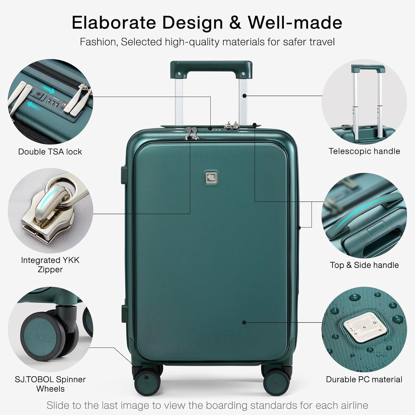Hanke Grace Carry On Luggage with Wheels Airline Approved Hard Shell Suitcases with Front Pocket，Top Opening Luggage with TSA Lock for Short Business Travel，Blackish Green.