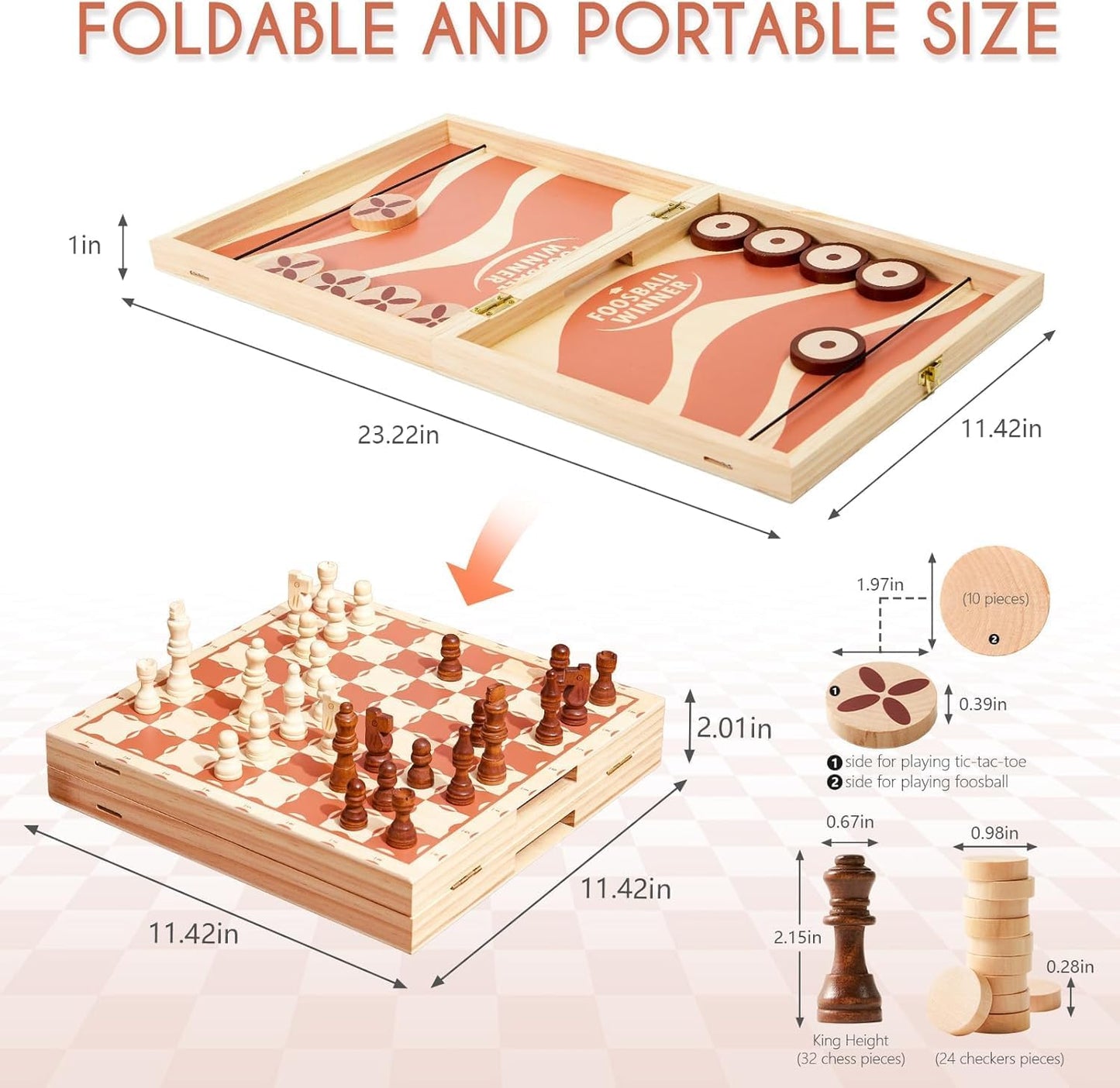 RM ROOMERS 4 in 1 Large Wooden Fast Sling Puck Games Set for Adults,Chess, Checkers,Tic Tac Toe,Portable Folding Travel Tabletop Board Game Sets,Interactive Families Game Night Toy Slingshot