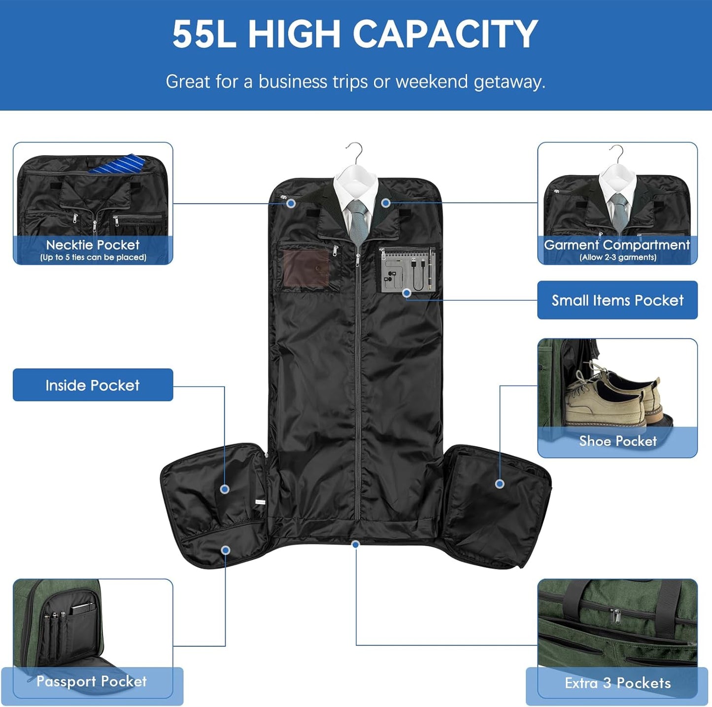 Bukere Garment Bags for Travel, Large Convertible Garment Duffel Bag for Men Women, Shoe Compartment, 2 in 1 Hanging Dress Suitcase Suit Travel Bags