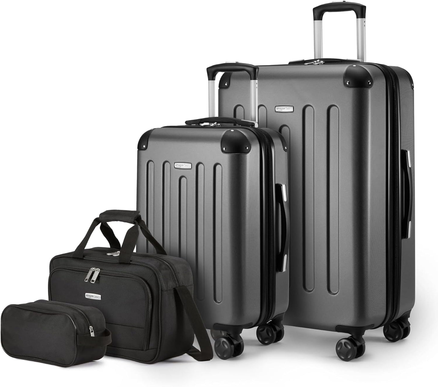 Amazon Basics 4-Piece Luggage Set, Including Two Hardside Suitcases With Multi-directional Spinner Wheels (22" Carry-On and 28" Checked), One 15-inch Tote Bag and One 10-inch Compact Travel Bag, Black