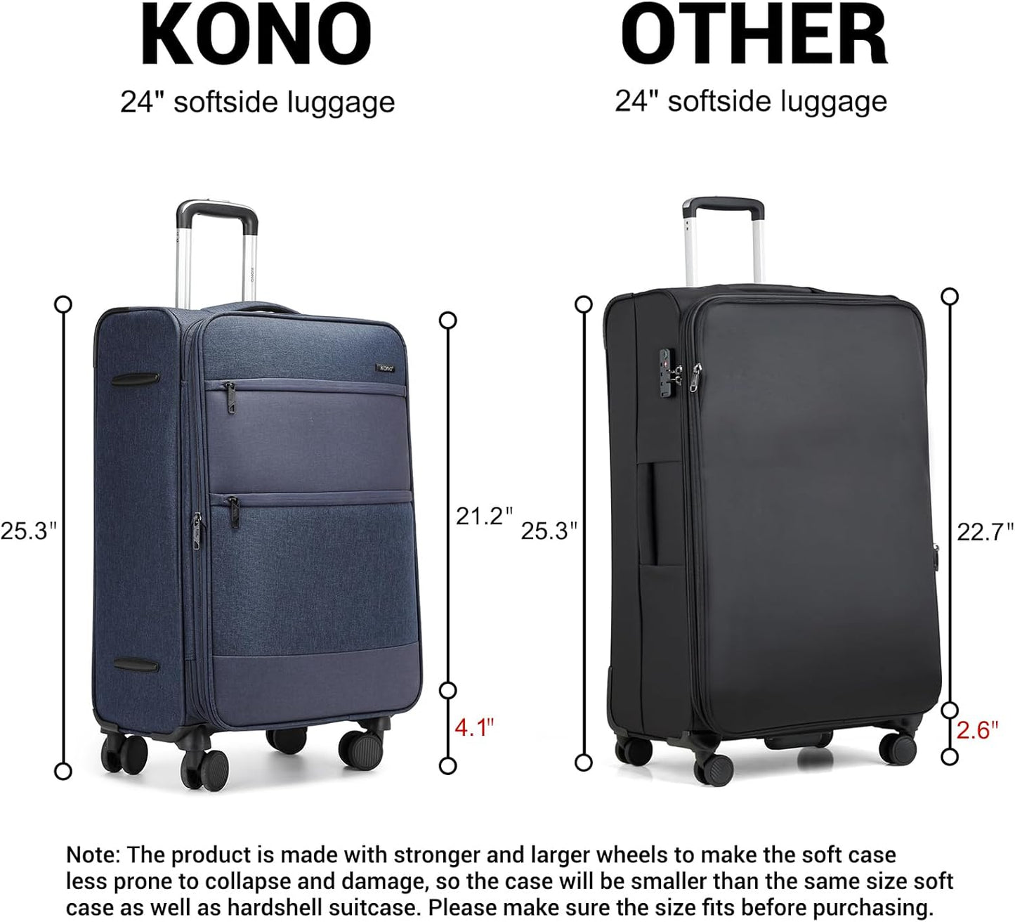 Kono 24 Inch Softside Expandable Checked Luggage with 8 Spinner Wheels TSA Lock Softshell Lightweight Business Travel Suitcase for Men and Women, Navy Blue