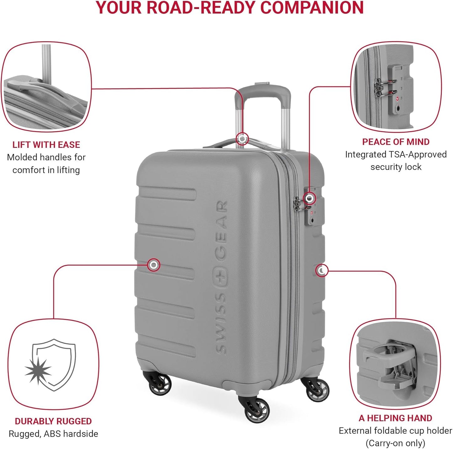 SwissGear 7366 Signature Hardside Expandable Luggage with Spinner Wheels, TSA Lock, Cup-Holder, Grey, Carry-On 19-Inch