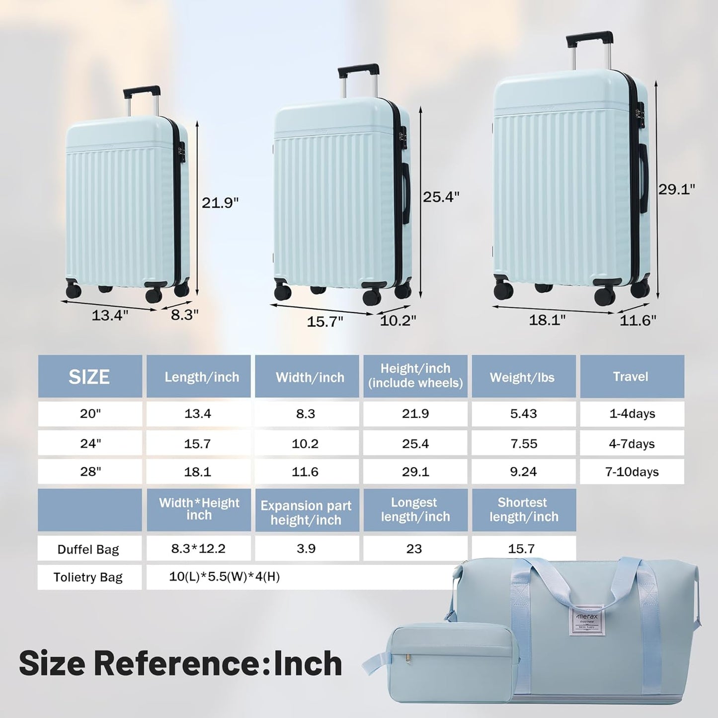 Merax Luggage Sets, Durable Hardshell 3 Piece Suitcase with Double Spinner Wheels and Handle Bags,Lightweight Carry on Luggage with TSA Lock,20+24+28 inches,Light Blue