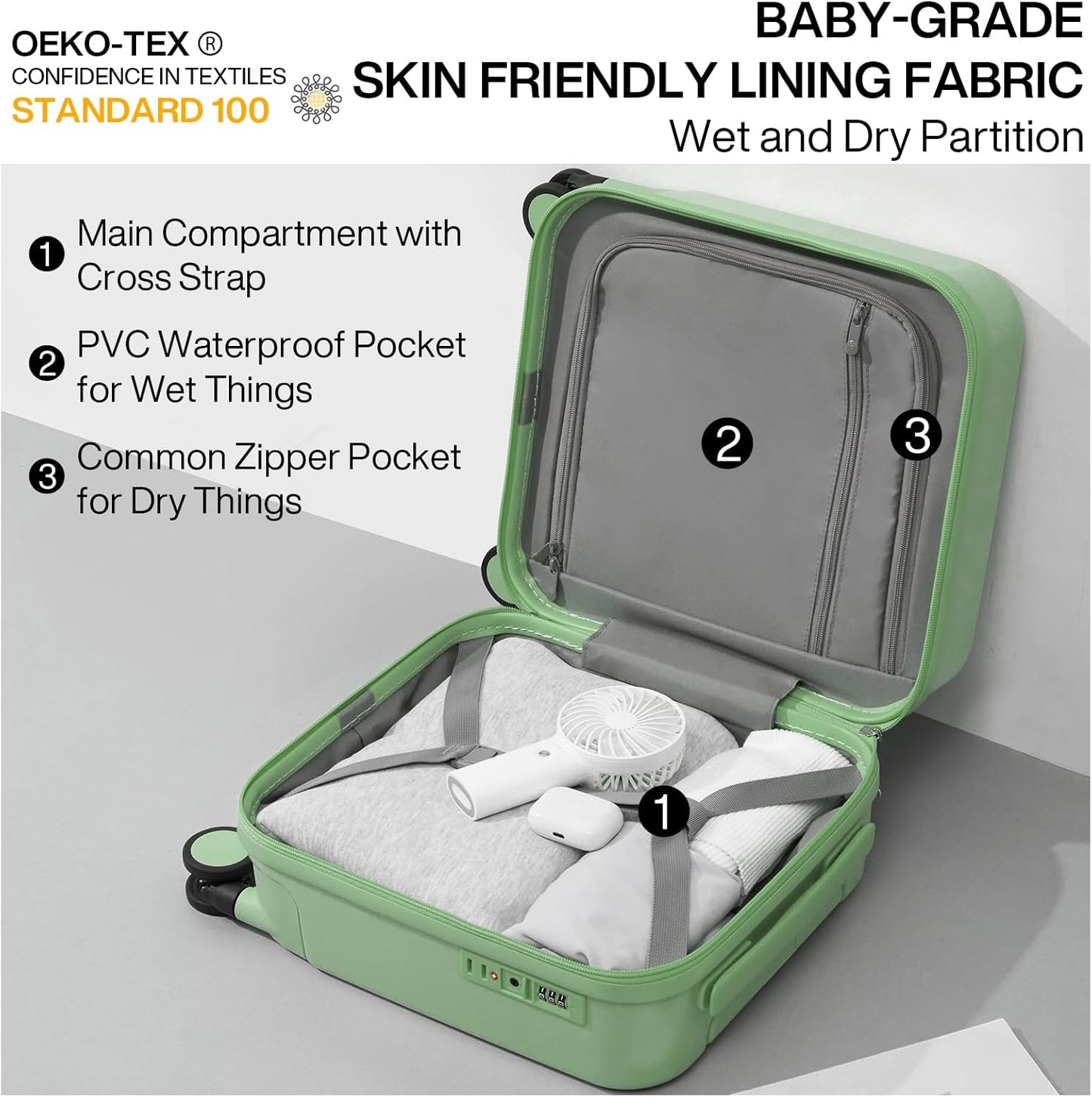 mixi 14 Inch Underseat Luggage Carry on Suitcase Free Boarding Personal Item Suitcases with Spinner Wheels Hardshell Lightweight PC for Short Travel, Avocado Green