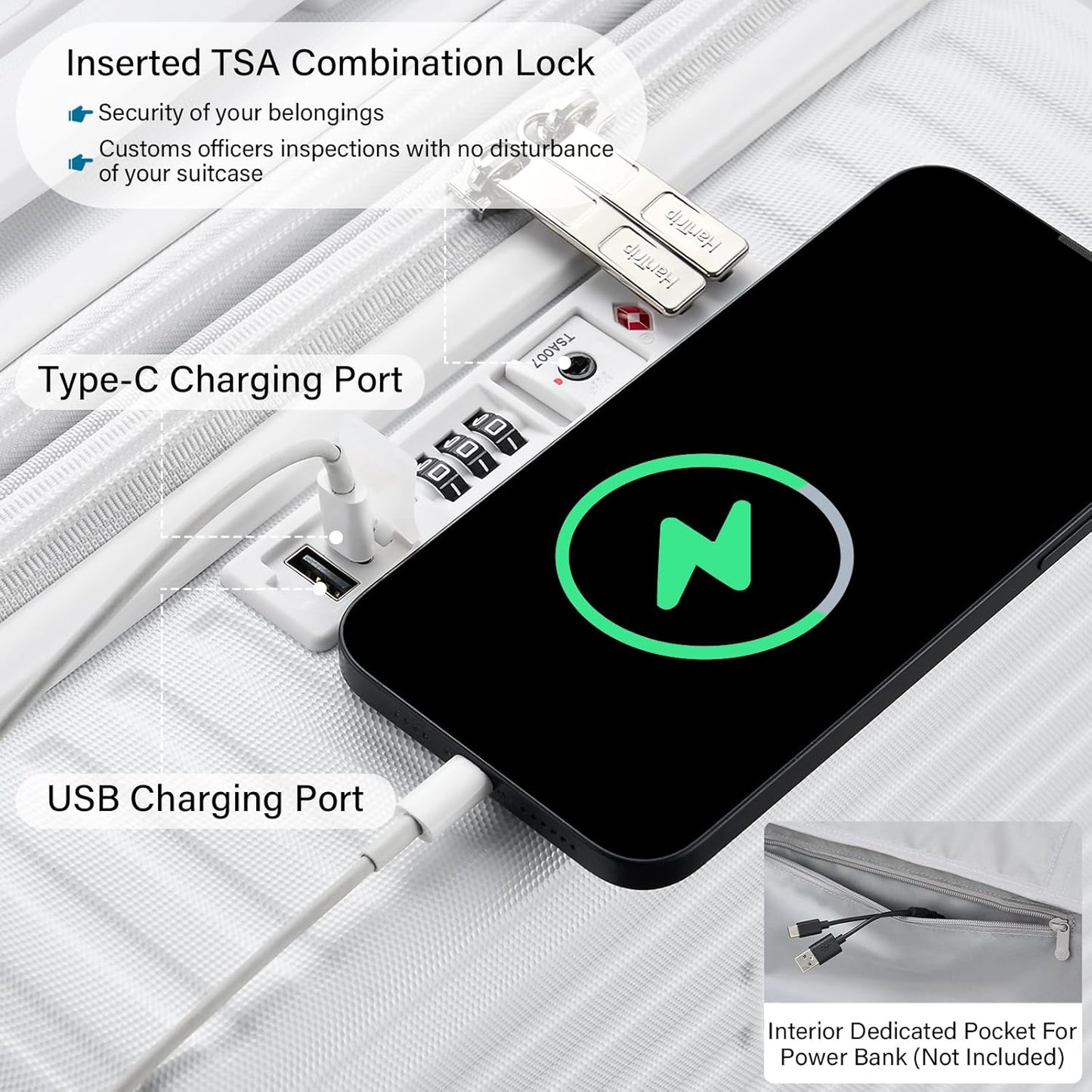 Hard Shell Suitcases Expandable Travel Luggage Sets 2 Piece, Carry on and Check in Luggage Lightweight Suitcase Set 2 Piece with Wheels Cup Holder Charger Built in (White, 20/28)