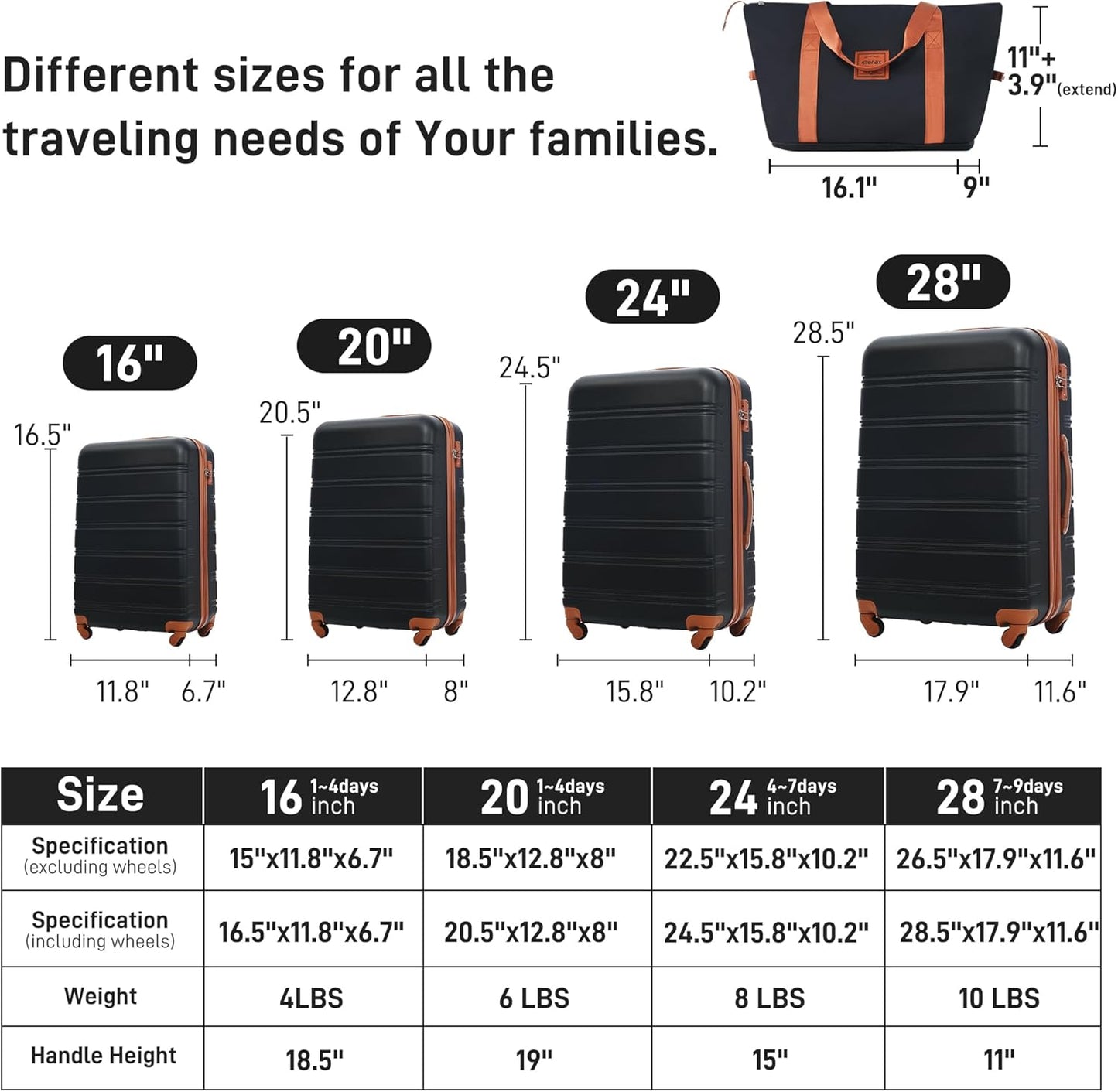 Merax Luggage sets of 13 Piece 16 20 24 28 IN Carry on Luggage sets 4 piece Hardcase Black and Brown Luggage Expandable Suitcase Set with Wheels