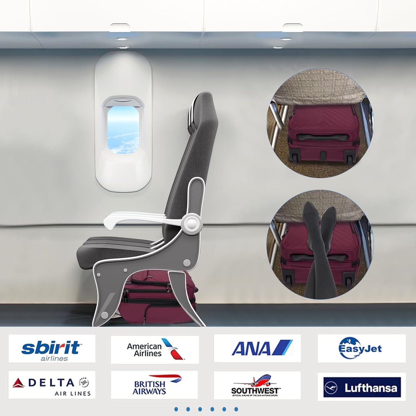 VANKEAN Carry On Underseat 16-inch Multi-functional Underseater Lightweight Overnight Suitcase with Wheels, Roller Case for Men Women Travel Business, Burgundy