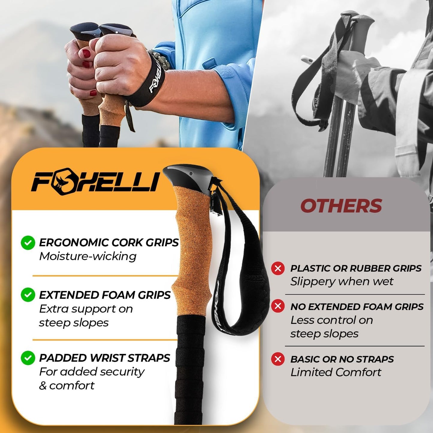 Foxelli Lightweight Trekking Poles – Compact Walking Sticks with Quick Locks, Ergonomic Cork Grip & All-Terrain Accessories – Adjustable Collapsible Poles for Travel & Hiking
