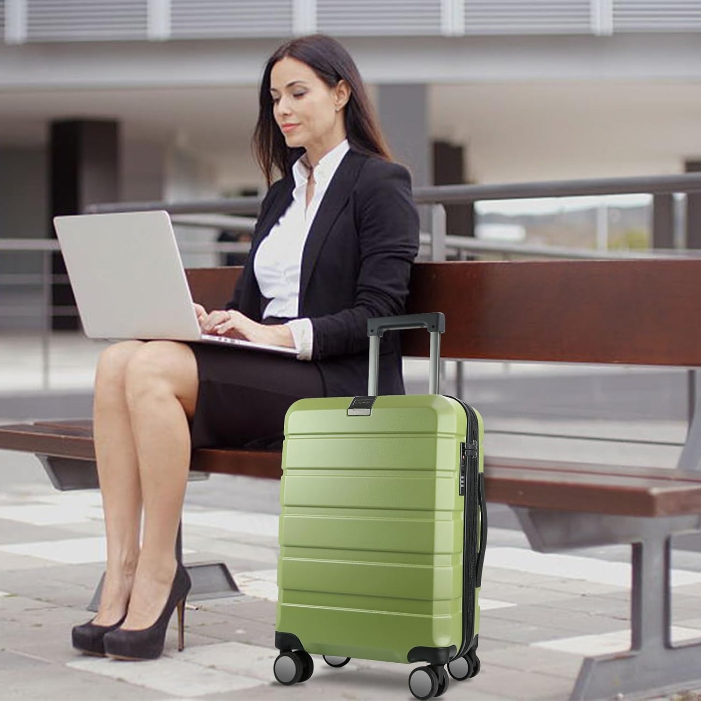 KROSER Hardside Expandable Carry On Luggage with Spinner Wheels & Built-in TSA Lock, Durable Suitcase Rolling Luggage with USB Port, Carry-On 20-Inch, Green