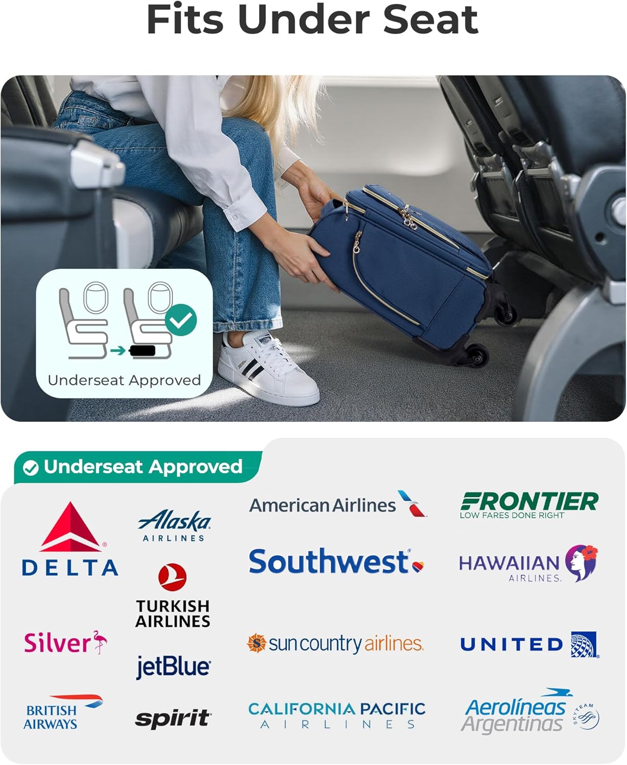 BAGSMART Underseat Carry On luggage Airline Approved, 16-inch Small Softside Underseater Travel Suitcase with Spinner Wheels Overnight Bag Small Rolling Carry-on for Women Men Weekender, Navy Blue