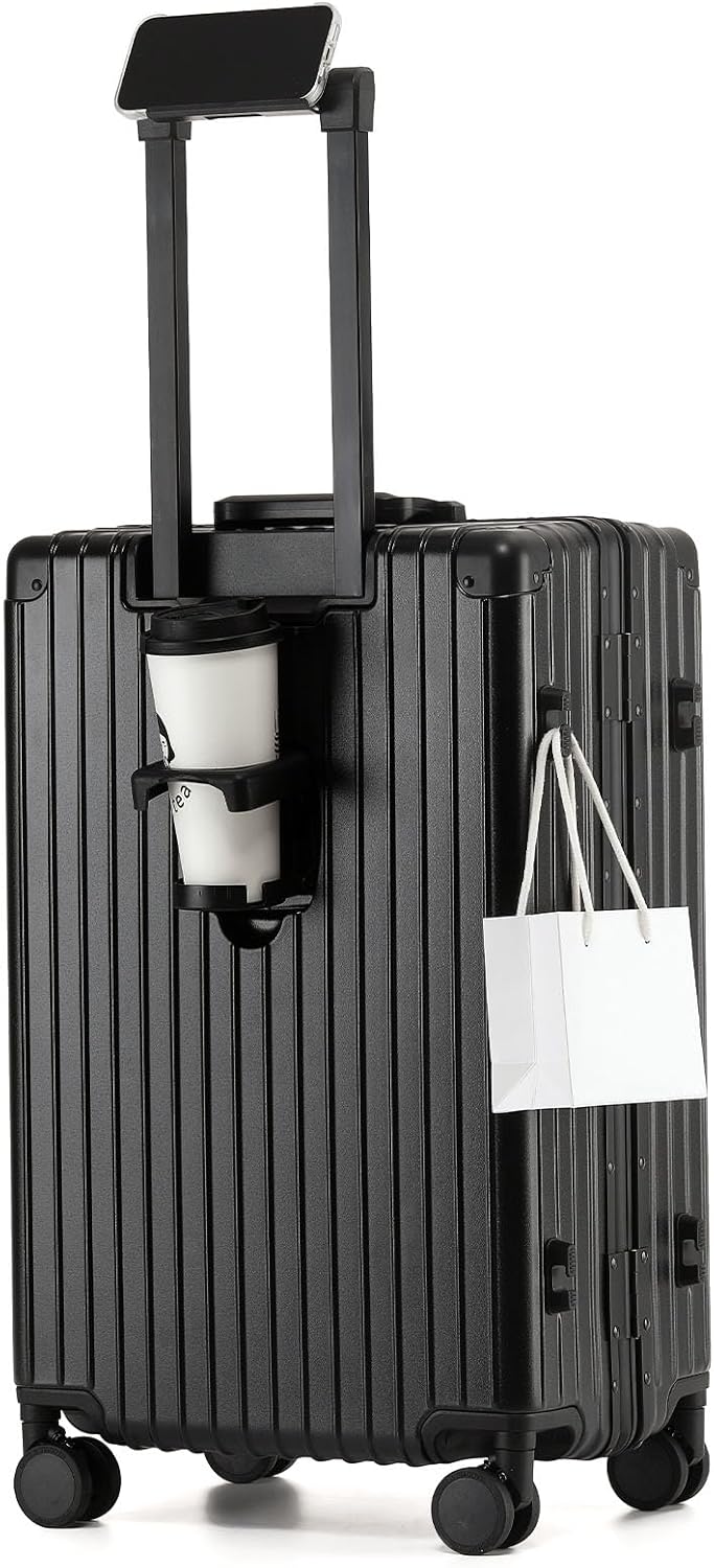 24 Inch Aluminum Frame Checked Travel Luggage with Spinner Wheels,Zipperless Hard Shell Suitcases with TSA Approved USB Port,Cup & Phone Holder for Women Men,Black