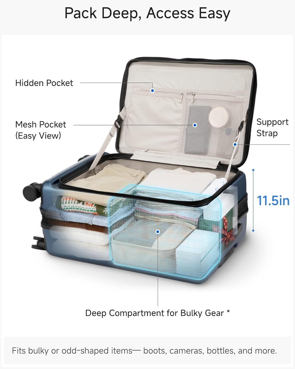 Checked Luggage Top Opening, FLT Expandable Polycarbonate Hard Shell Suitcase with Wheels (FX-Lite, Blue, 24 Inch, 63L-70L)