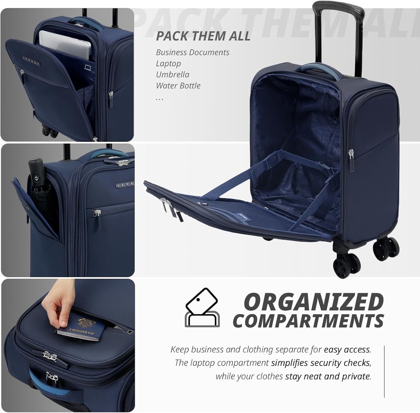 Verage Under Seat Luggage with Wheels, Softside Small Suitcase Spinner Carry On Luggage Bags for Airlines Airplanes Short Trip Men Women (Navy, 14-Inch Underseat)