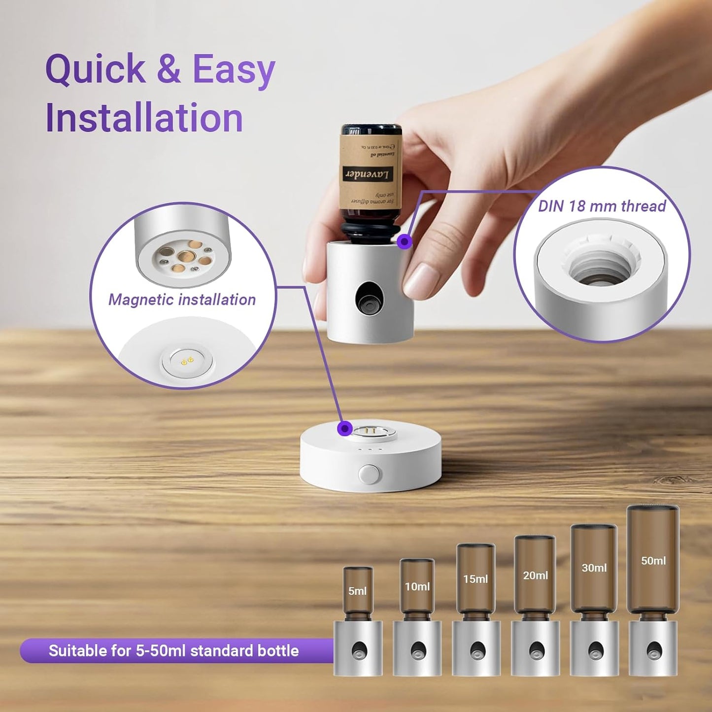 Mini Waterless Nebulizing Essential Oil Diffuser with 10ml Lavender Oil for Aromatherapy, Small Portable with Air Mist and Scent for Home, Room, Hotel, Desk, Office, Travel - Silvery