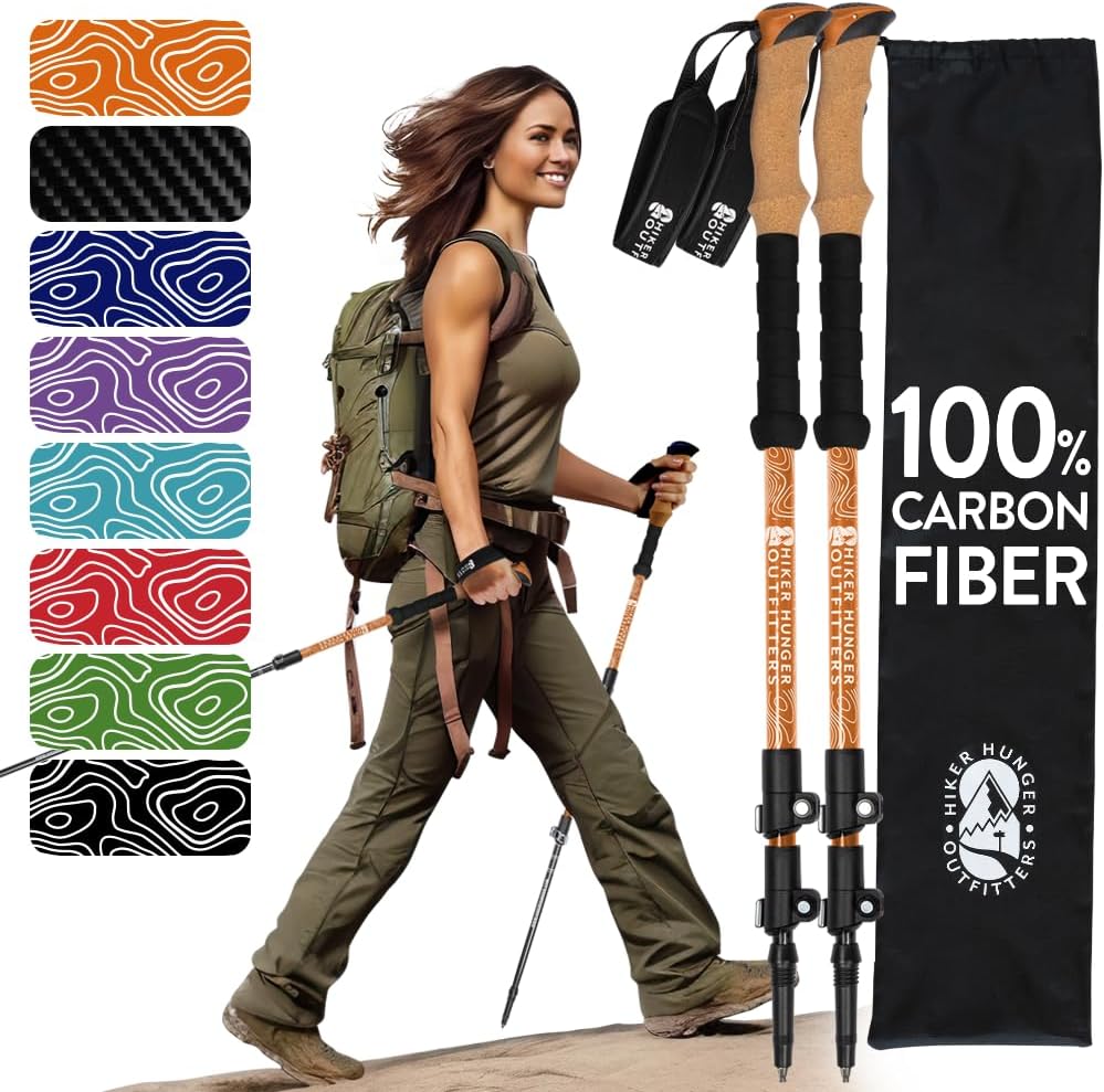 100% Carbon Fiber Trekking Poles by USA Brand - Ultra Strong Lightweight Collapsible Hiking Poles with Cork and EVA Foam Grips & Quick Adjustable Flip Locks