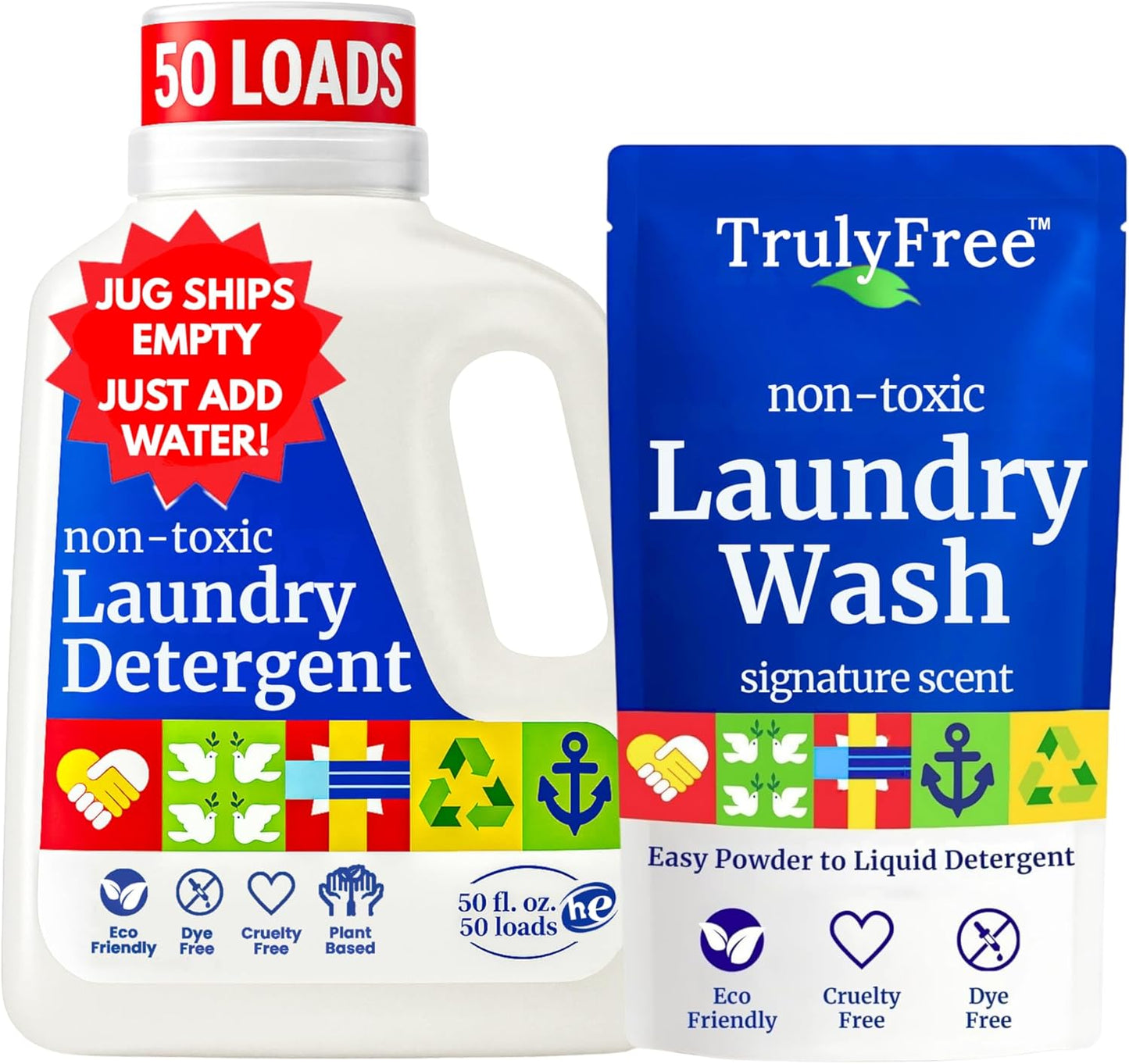 Truly Free Natural Laundry Detergent for Sensitive Skin | Eco Friendly, Plant Based, Baby Clothes Safe | Clean & Easy Powder to Liquid, 1 Pack Detergent + 1 Refillable Jug | Signature Scent, 50 Loads